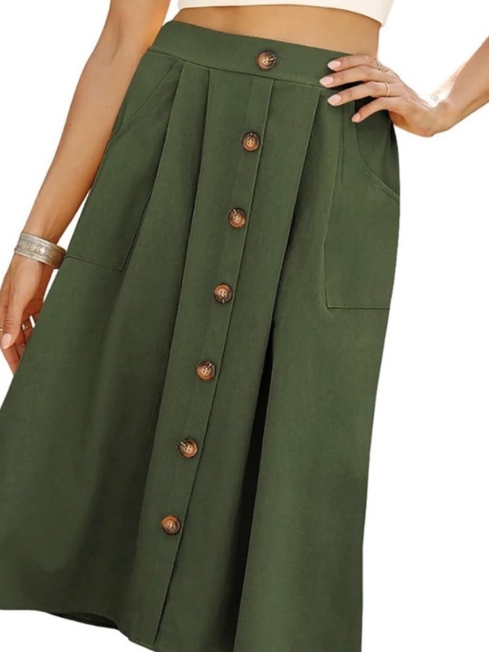 Classic Button-Front Olive MIDI Skirt